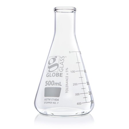 GLOBE SCIENTIFIC Flask, Erlenmeyer, Globe Glass, 500mL, Narrow Mouth, Dual Graduations, ASTM E1404, 6/Box 8400500